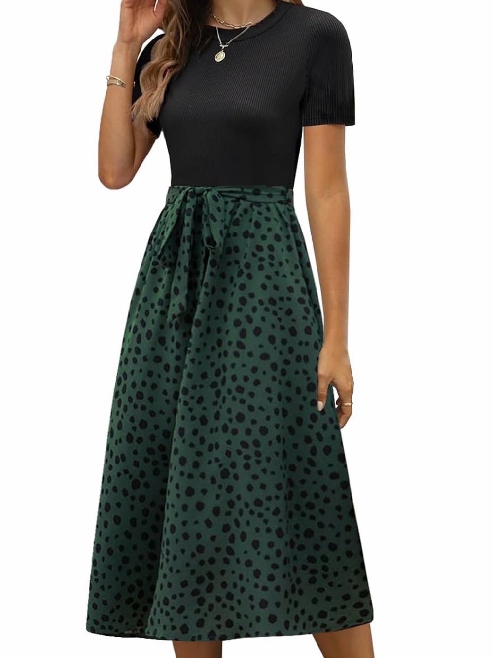 Black & Emerald Green Dalmatian Dot Midi Breastfeeding Dress